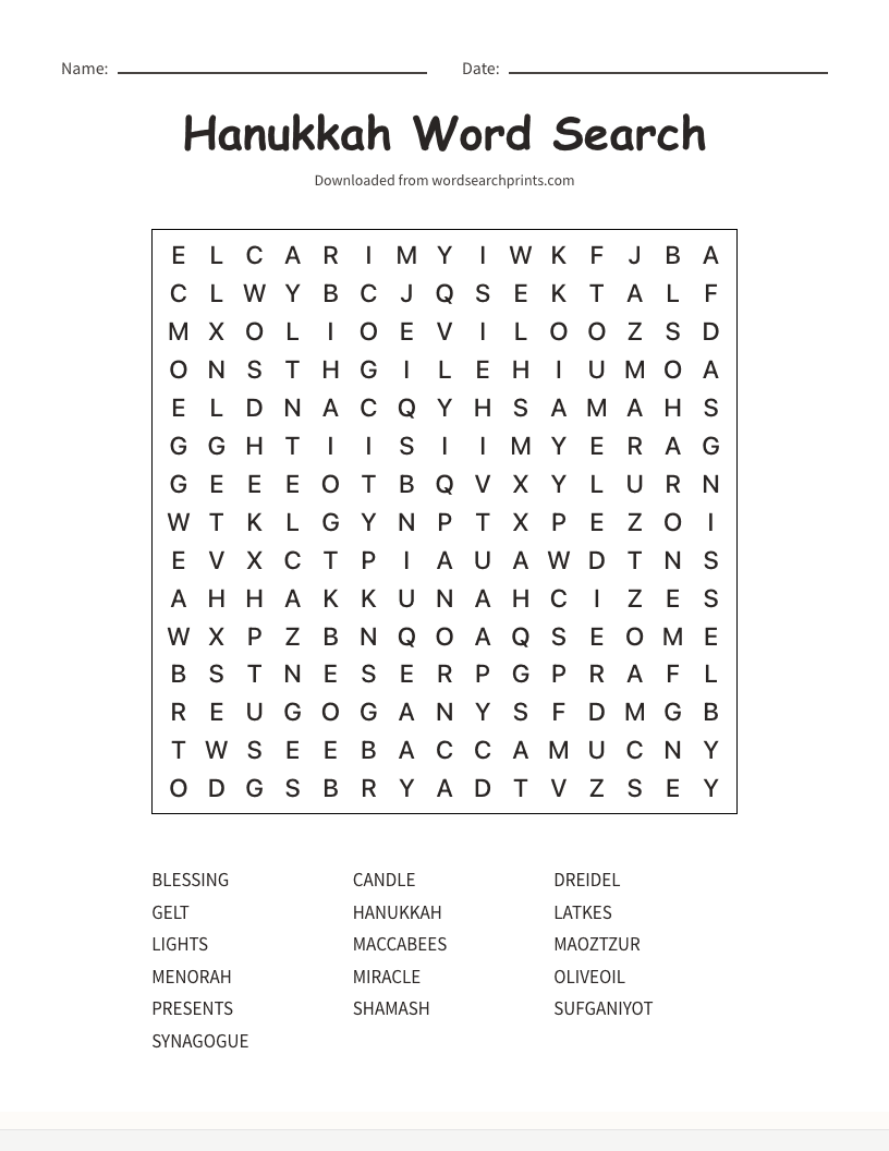 Hanukkah Word Search