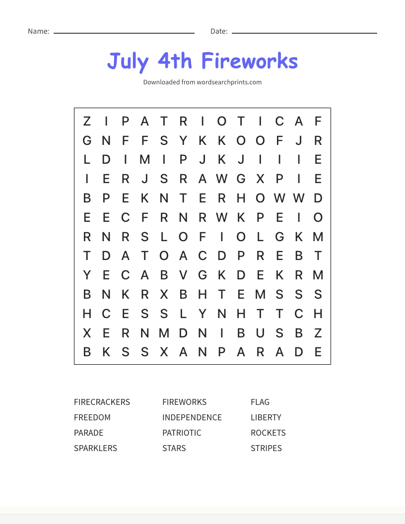 July 4th Fireworks Word Search
