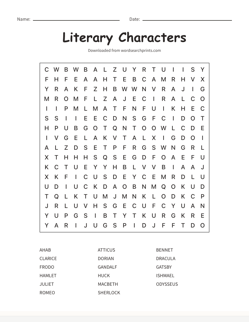 Literary Characters Word Search