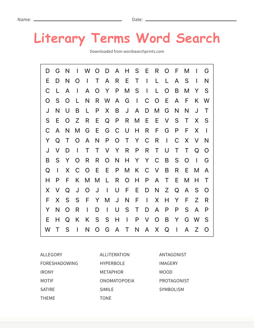Literary Terms Word Search