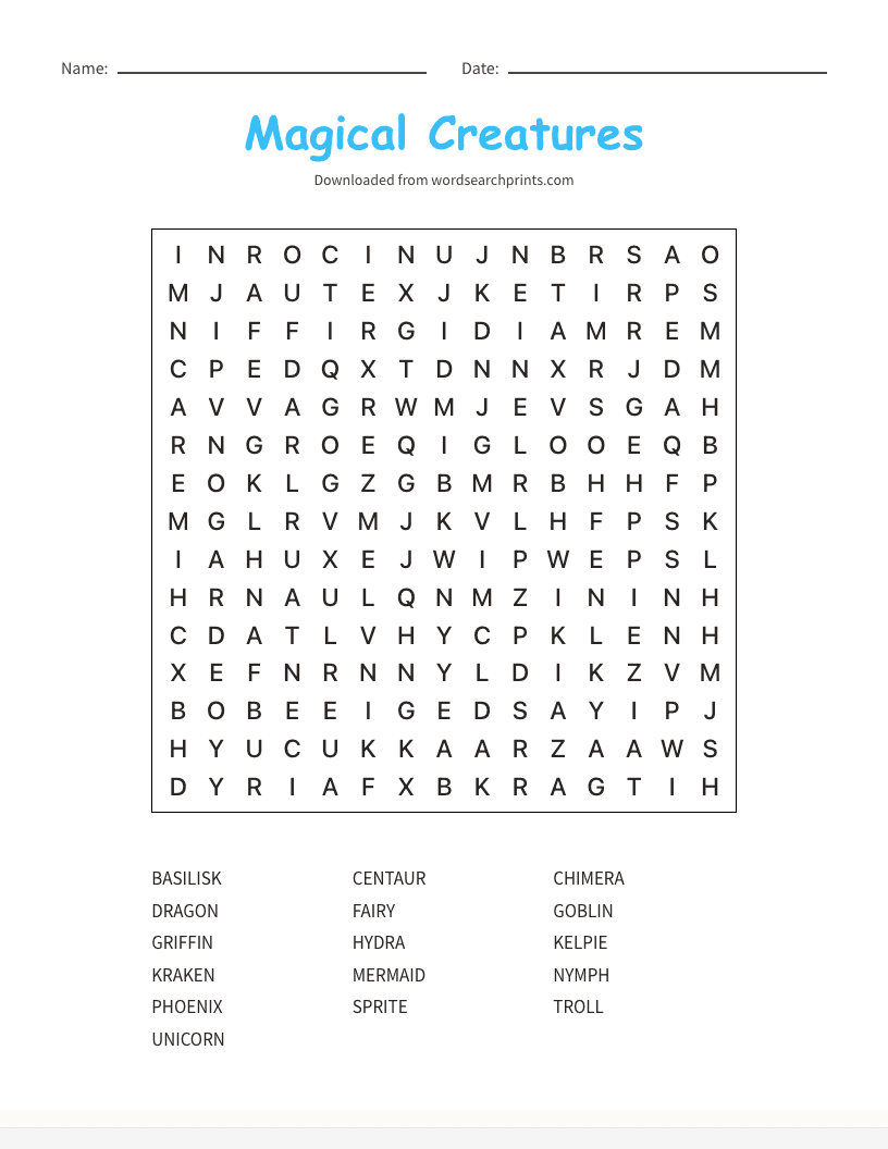 Magical Creatures Word Search