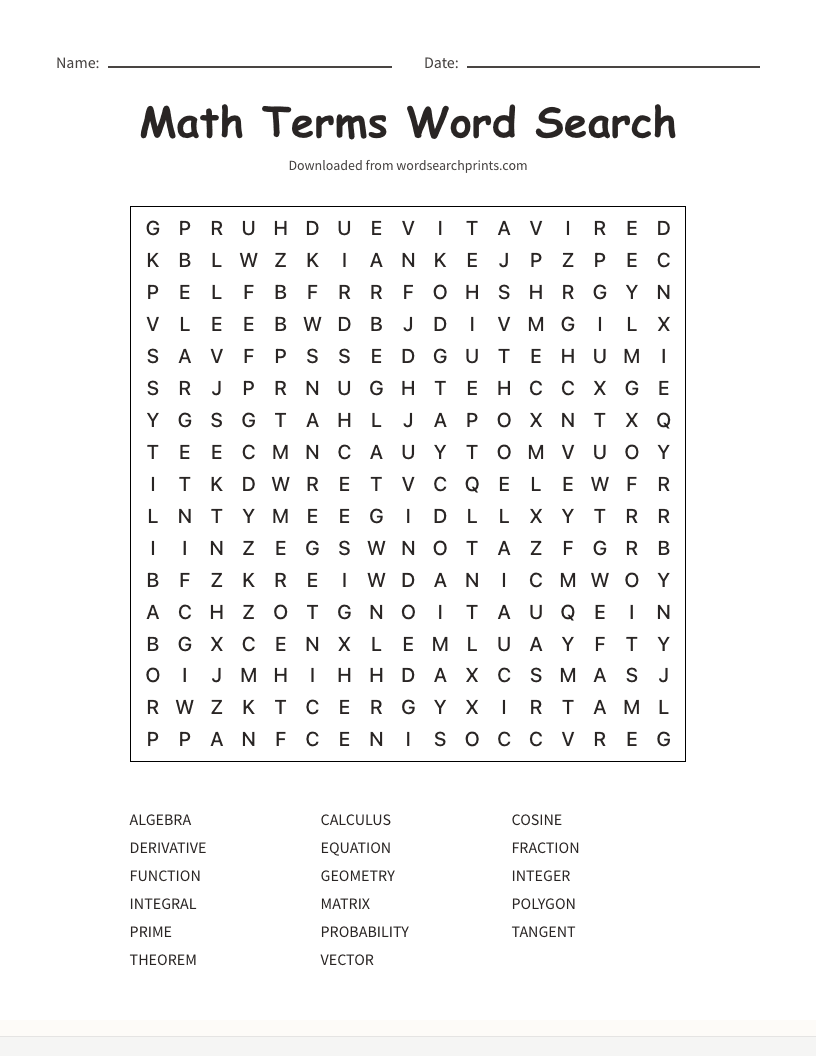 Math Terms Word Search