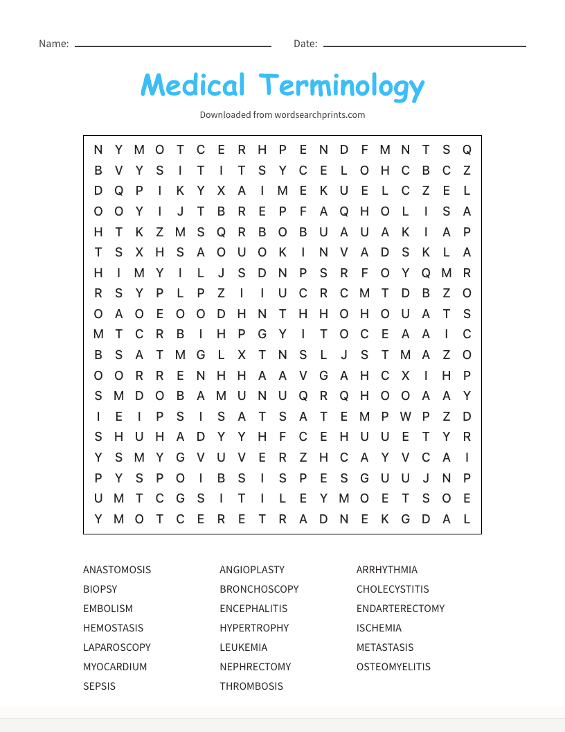 Medical Terminology Word Search