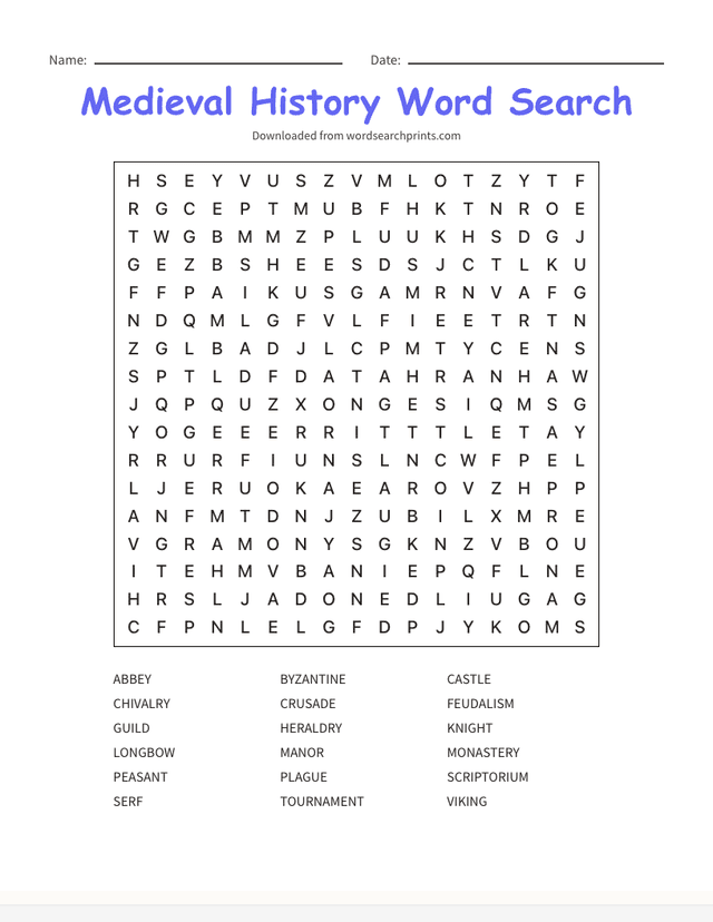 Printable medieval history word search puzzle