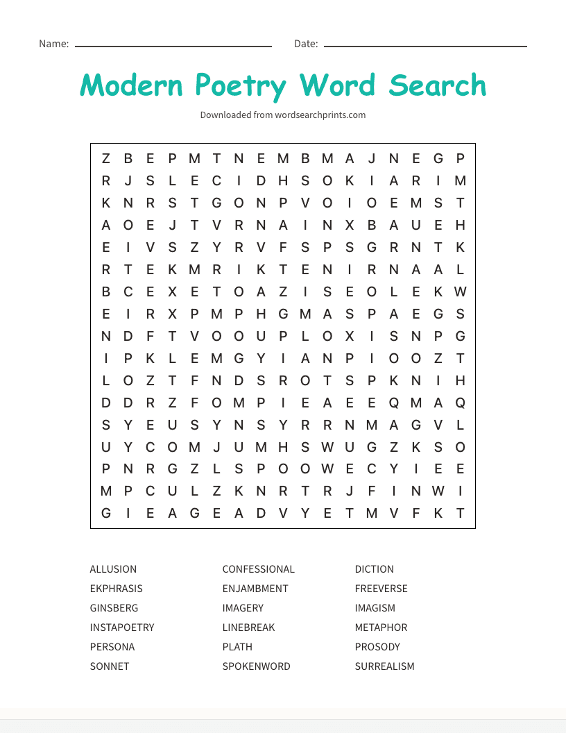 Modern Poetry Word Search