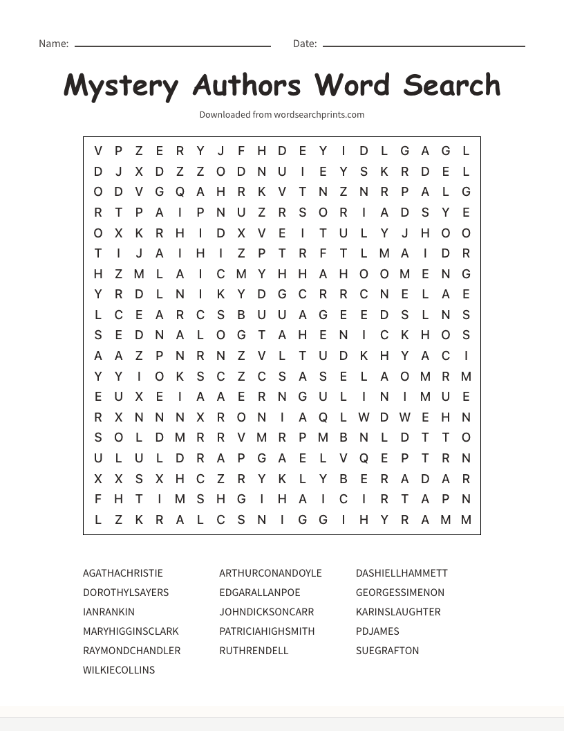 Mystery Authors Word Search