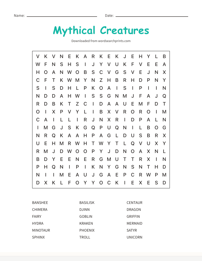 Mythical Creatures Word Search