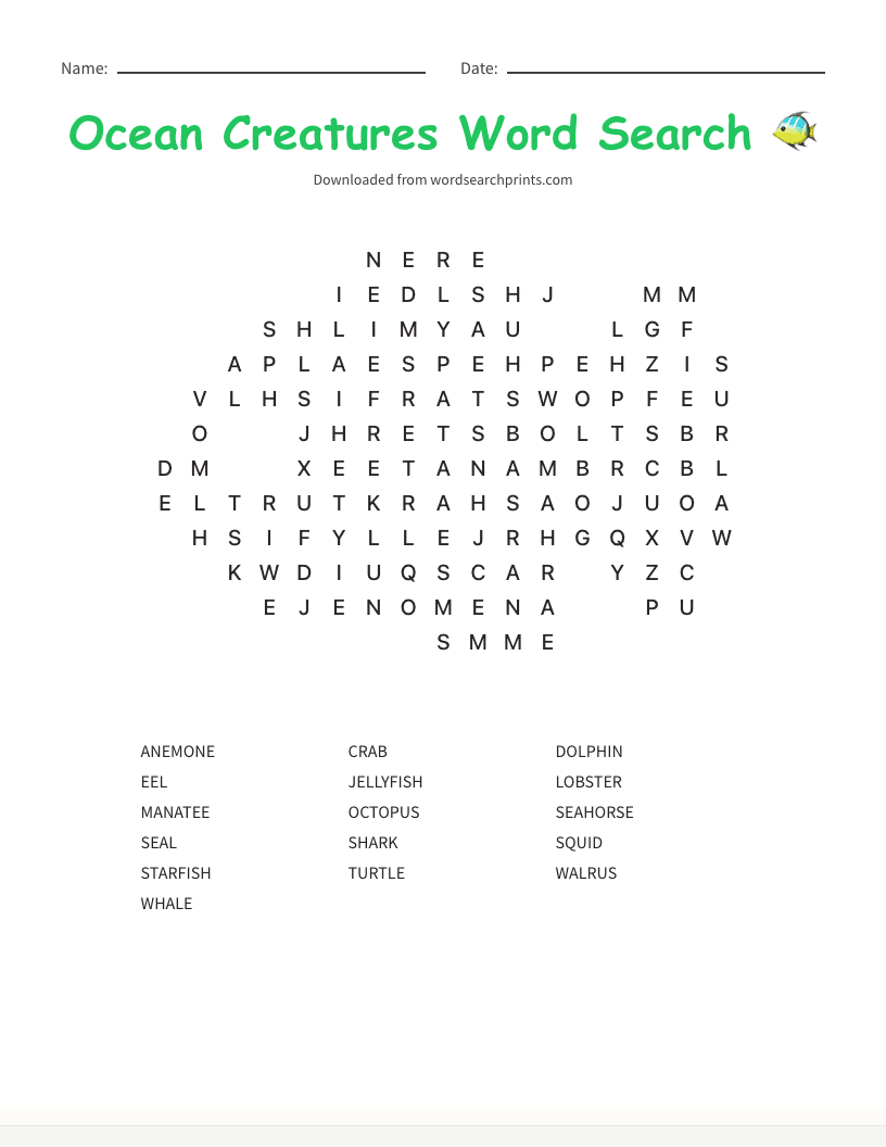 Ocean Creatures Word Search