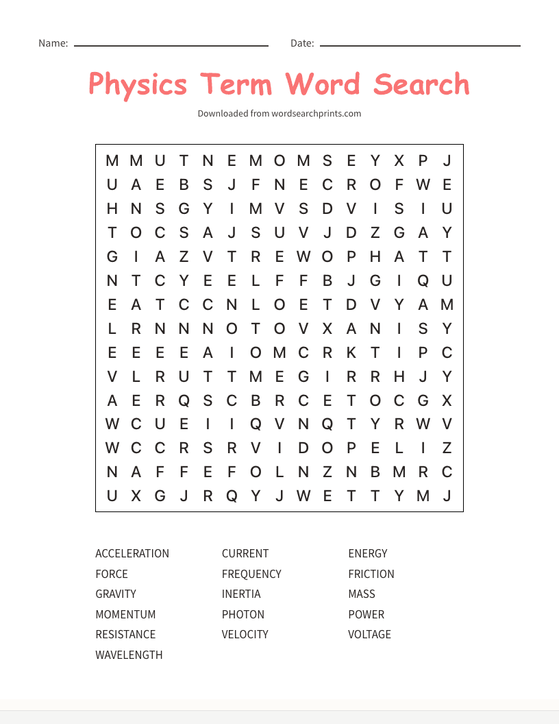 Physics Term Word Search