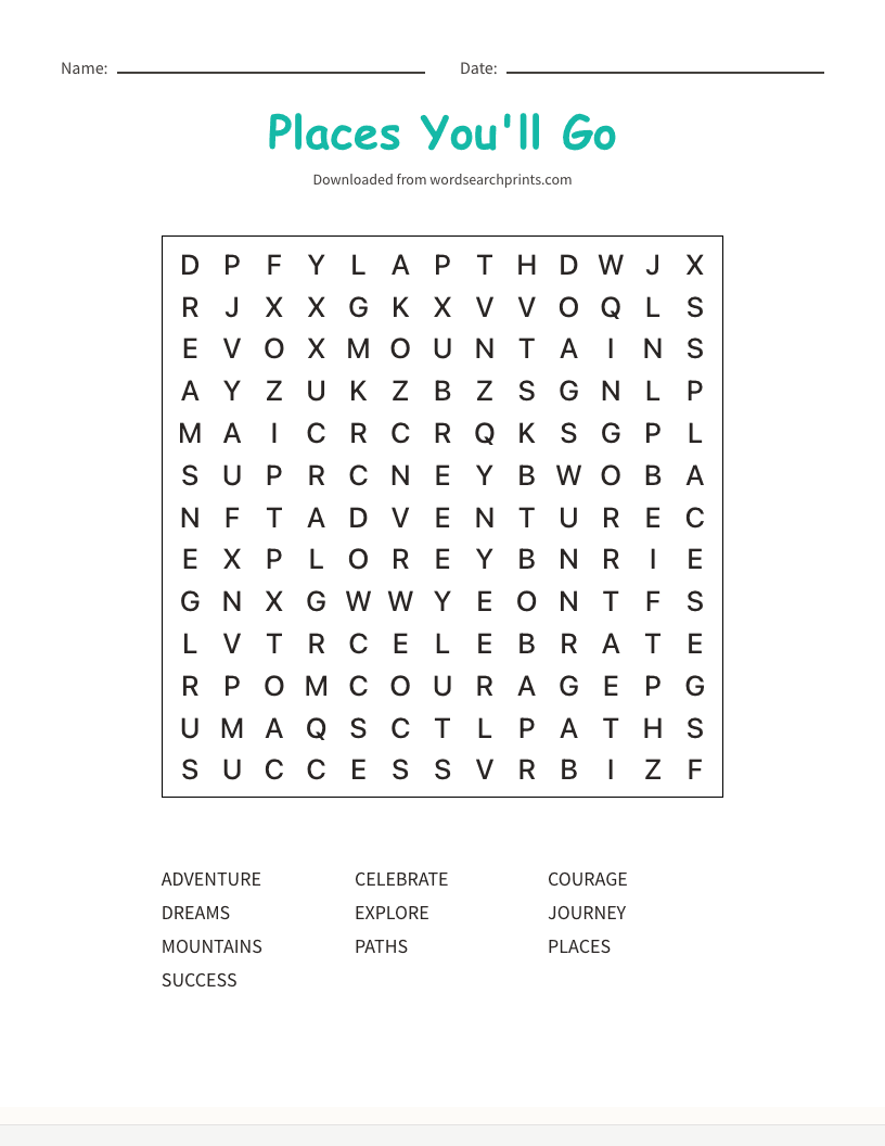 Places You'll Go Word Search