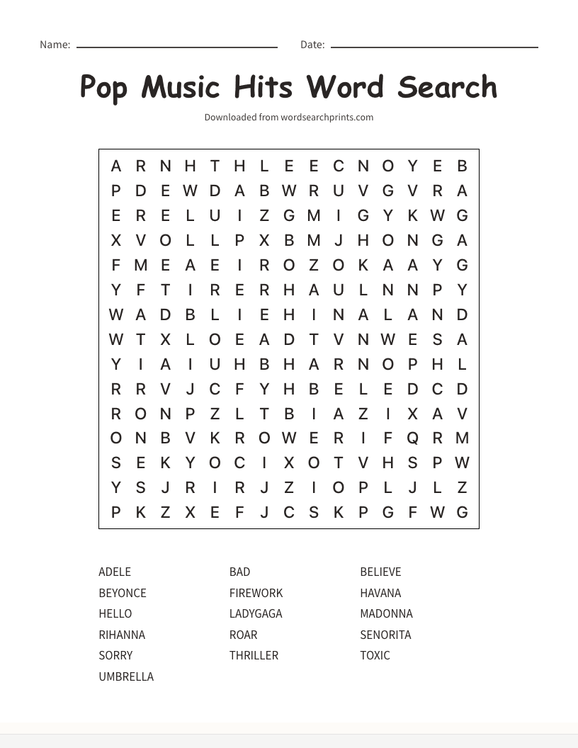 Pop Music Hits Word Search