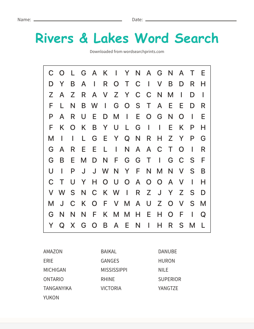 Rivers & Lakes Word Search