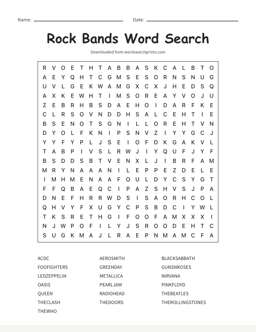 Rock Bands Word Search