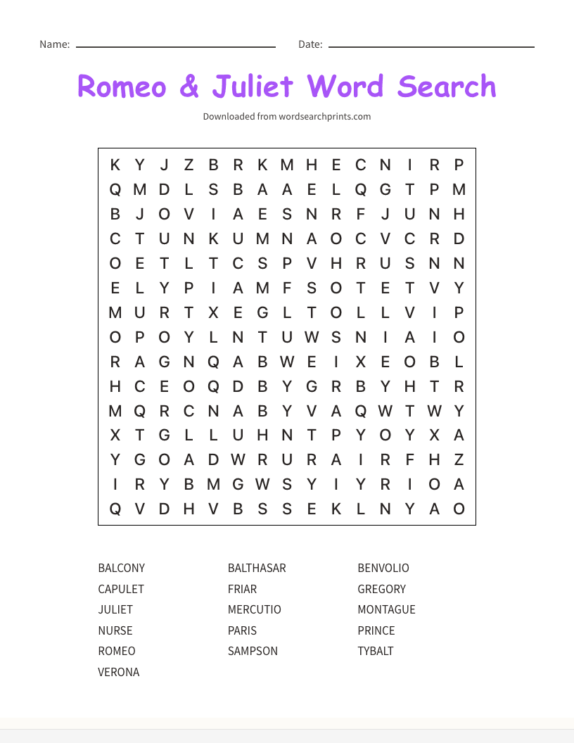 Romeo & Juliet Word Search
