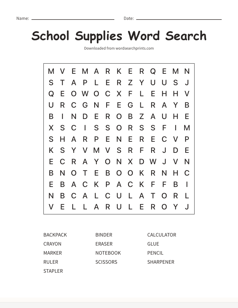 School Supplies Word Search