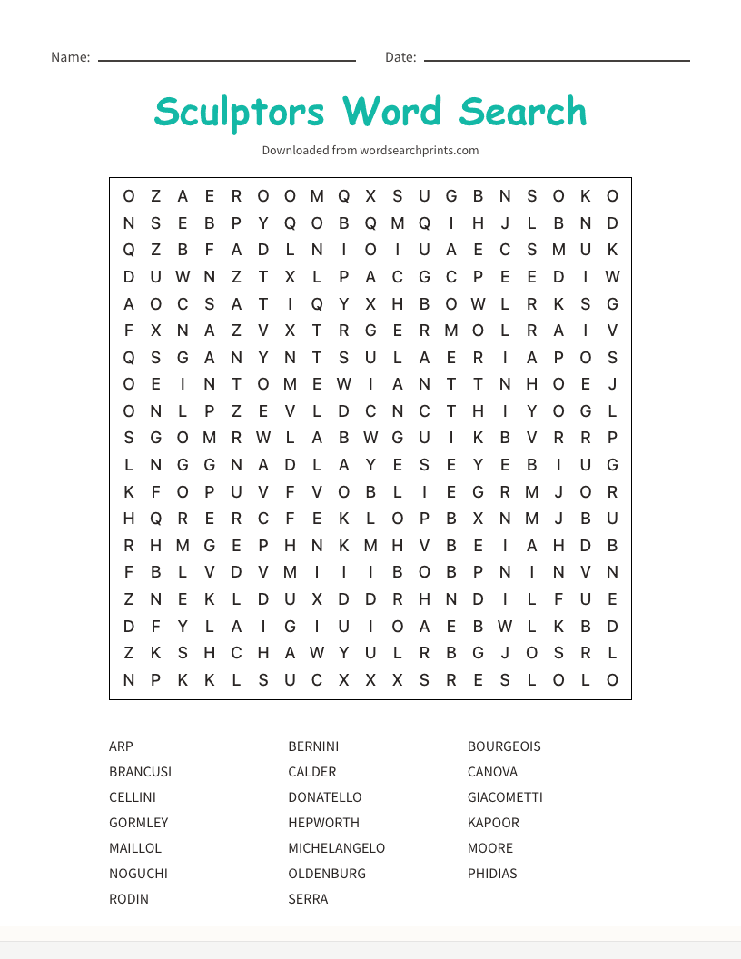 Sculptors Word Search