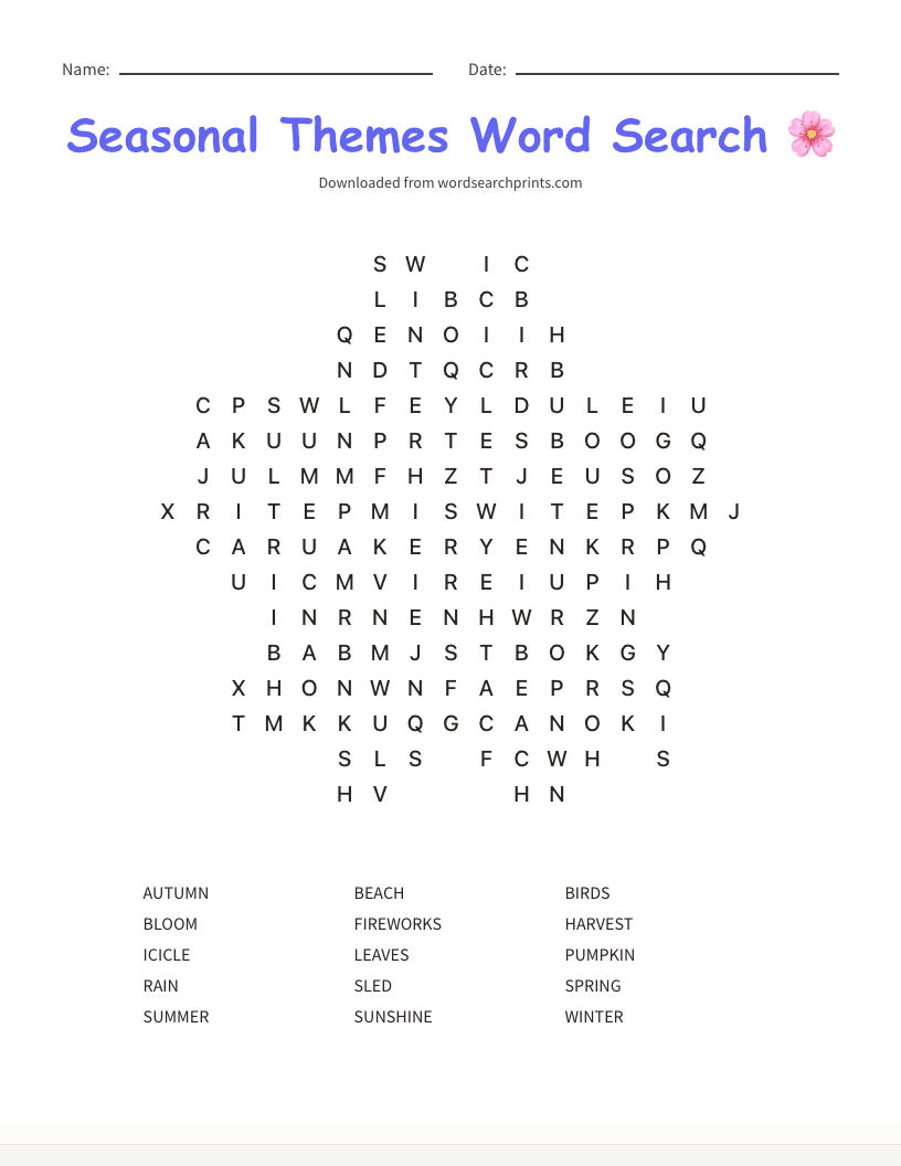 Seasonal Themes Word Search
