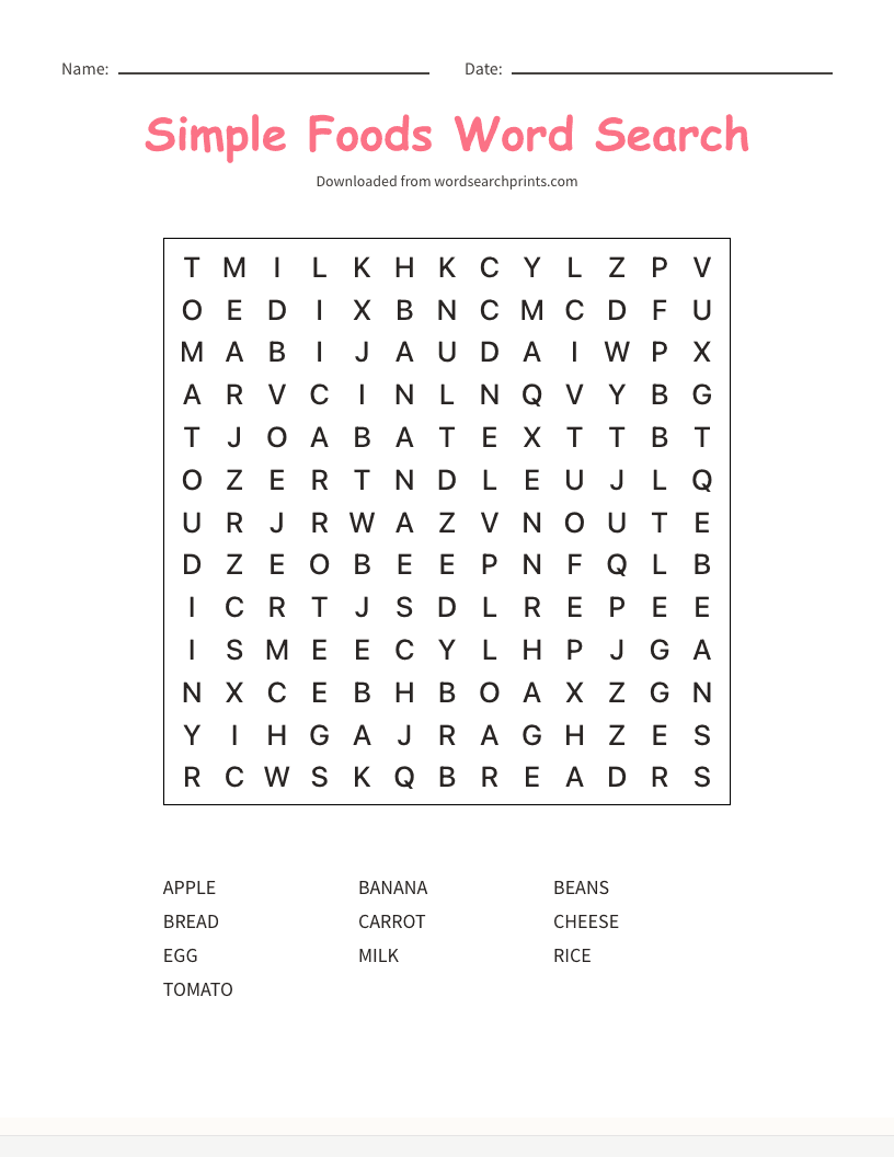 Simple Foods Word Search