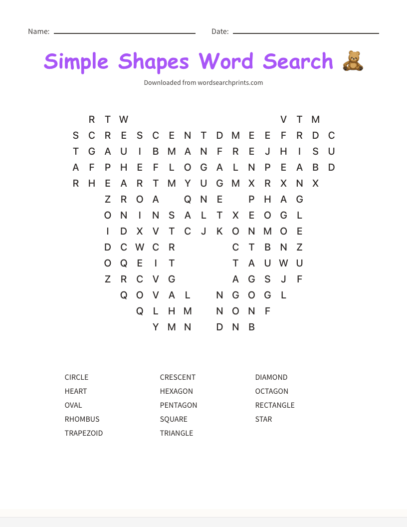 Simple Shapes Word Search