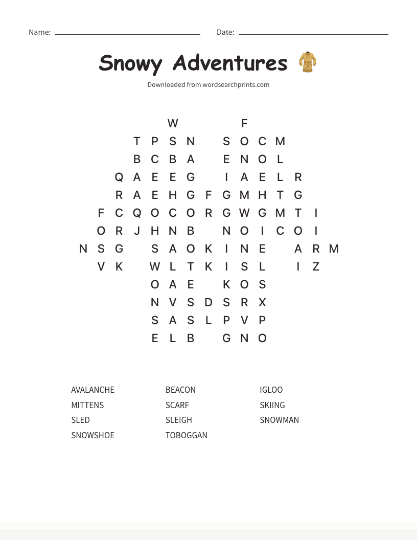 Snowy Adventures Word Search