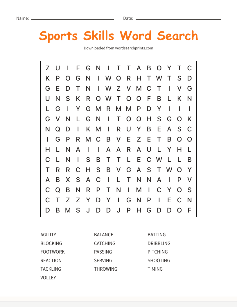 Sports Skills Word Search
