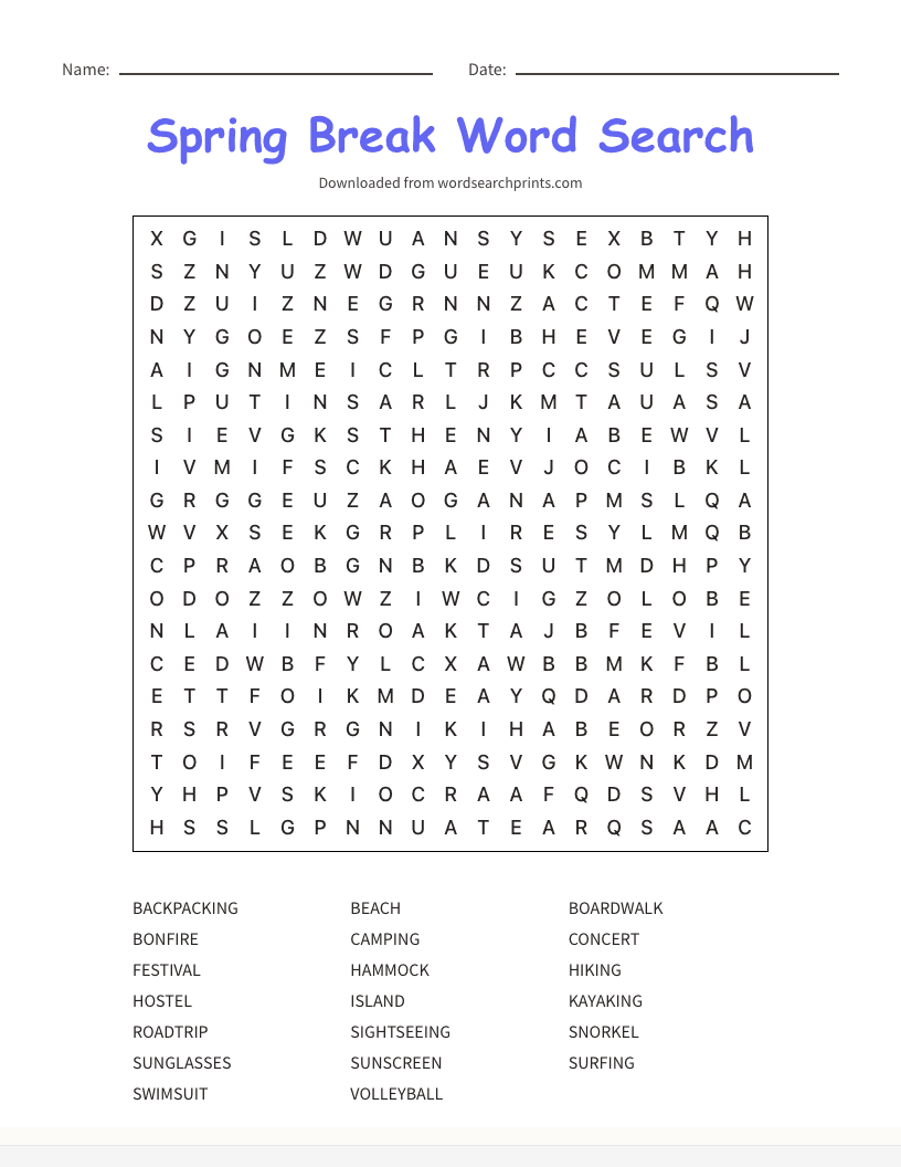 Spring Break Word Search