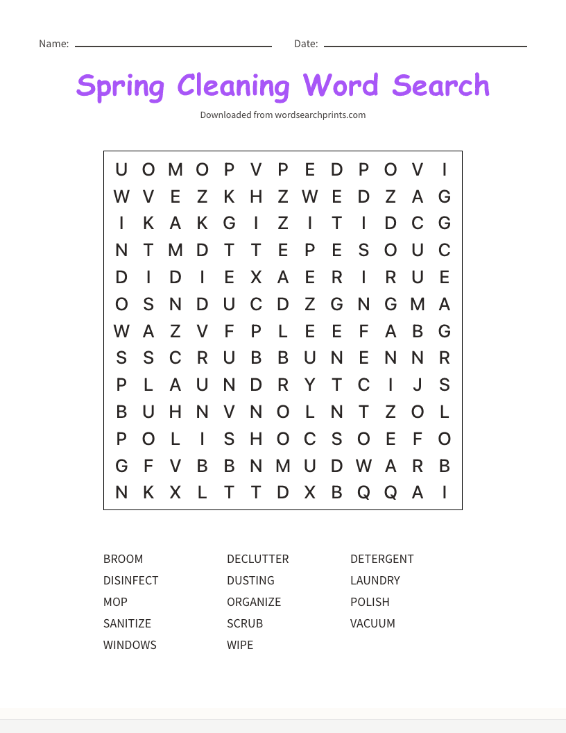 Spring Cleaning Word Search