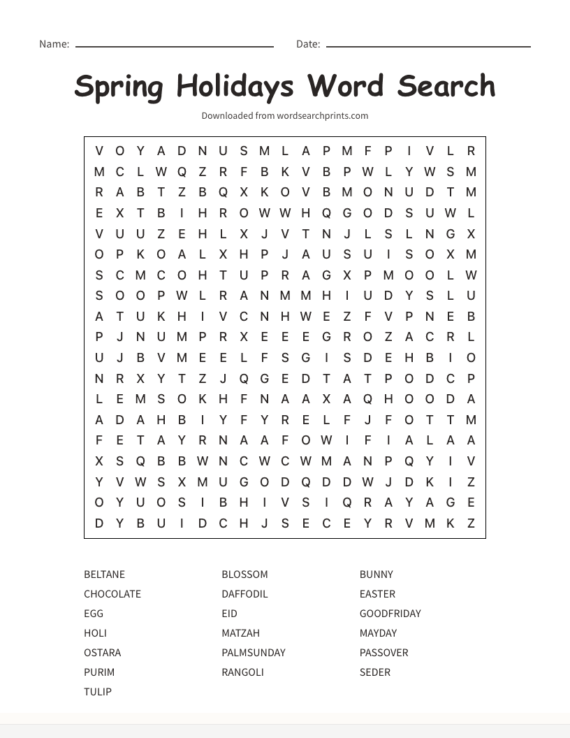 Spring Holidays Word Search