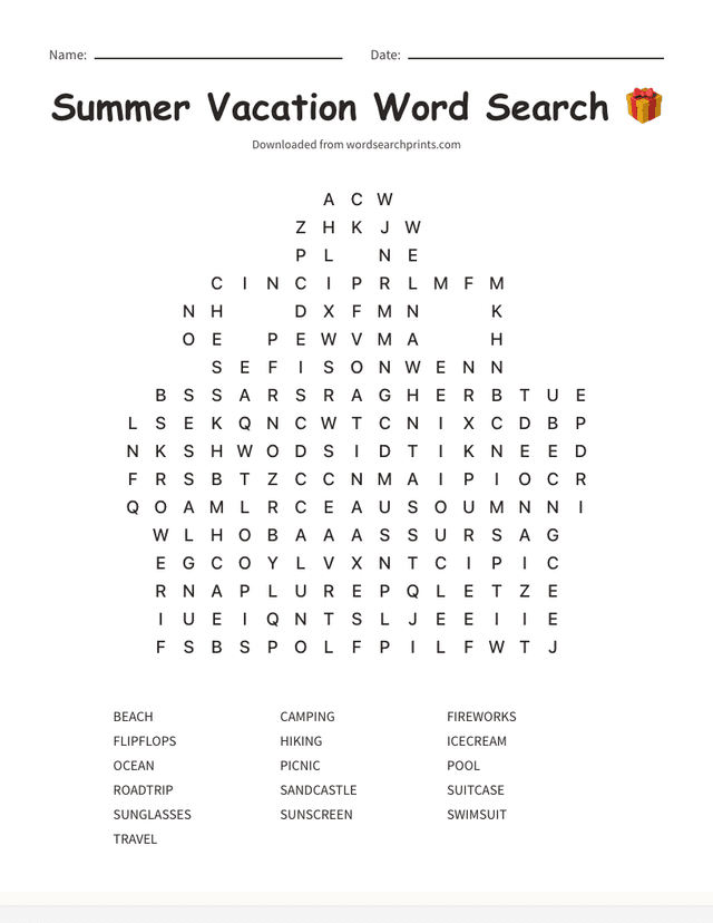 Printable summer vacation end-of-year classroom word search puzzle