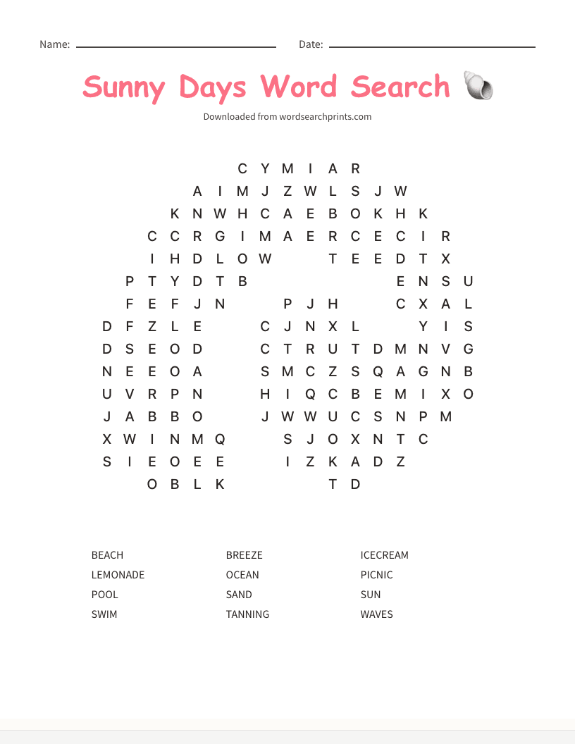 Sunny Days Word Search
