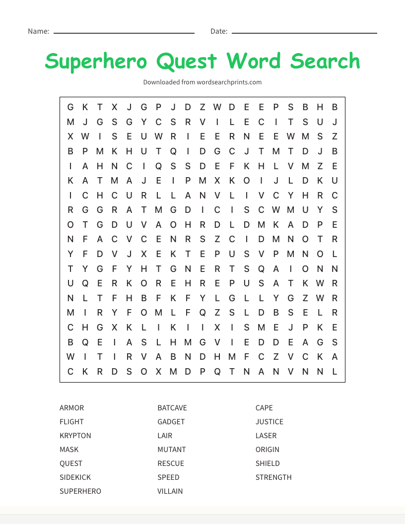 Superhero Quest Word Search