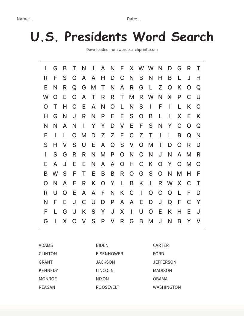 U.S. Presidents Word Search