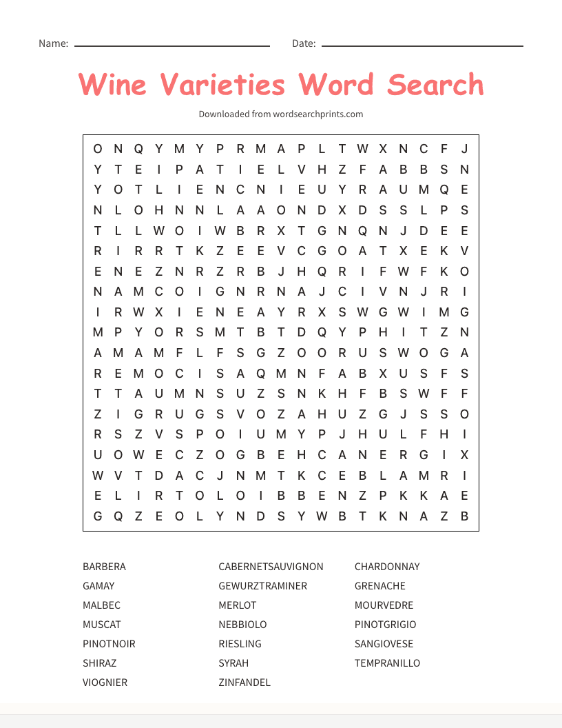 Wine Varieties Word Search