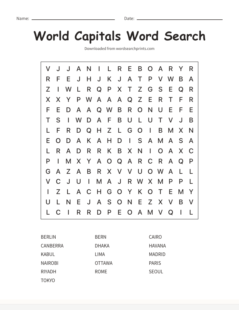 World Capitals Word Search