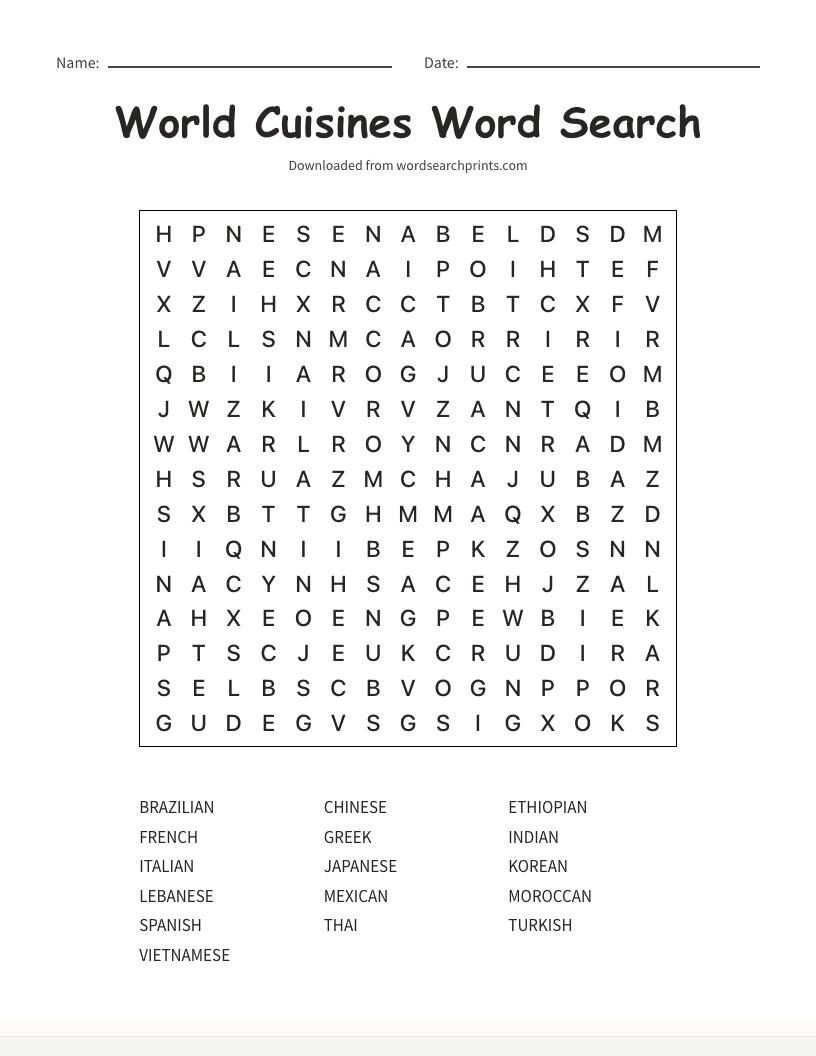 World Cuisines Word Search