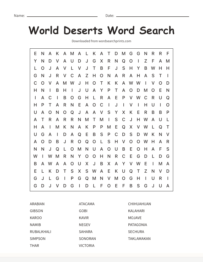 World Deserts Word Search