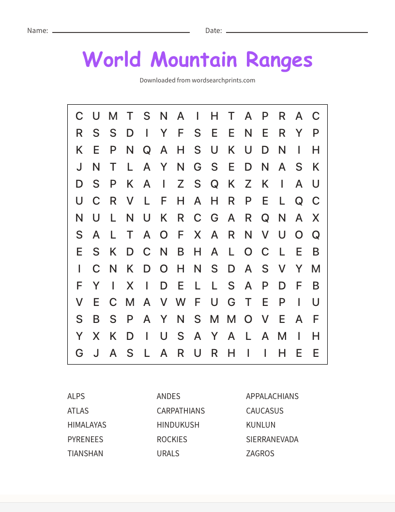 World Mountain Ranges Word Search