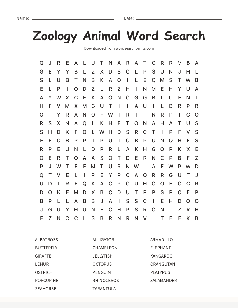 Zoology Animal Word Search